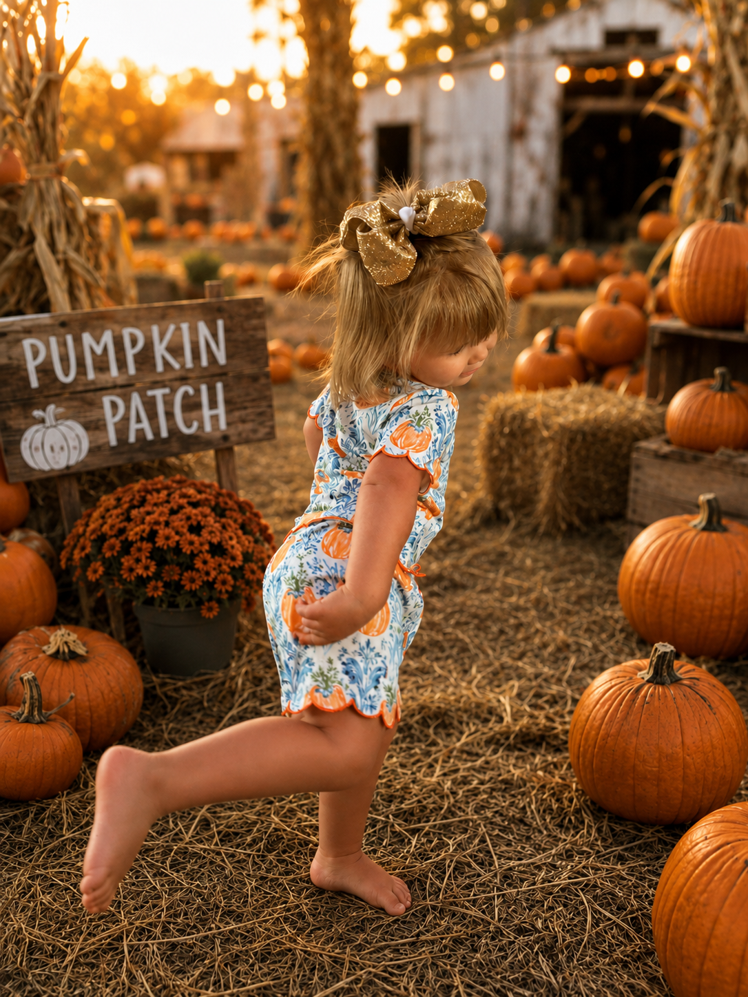 Girls Halloween Pumpkin Scalloped Trim Short Set | Boutique Fall Outfit