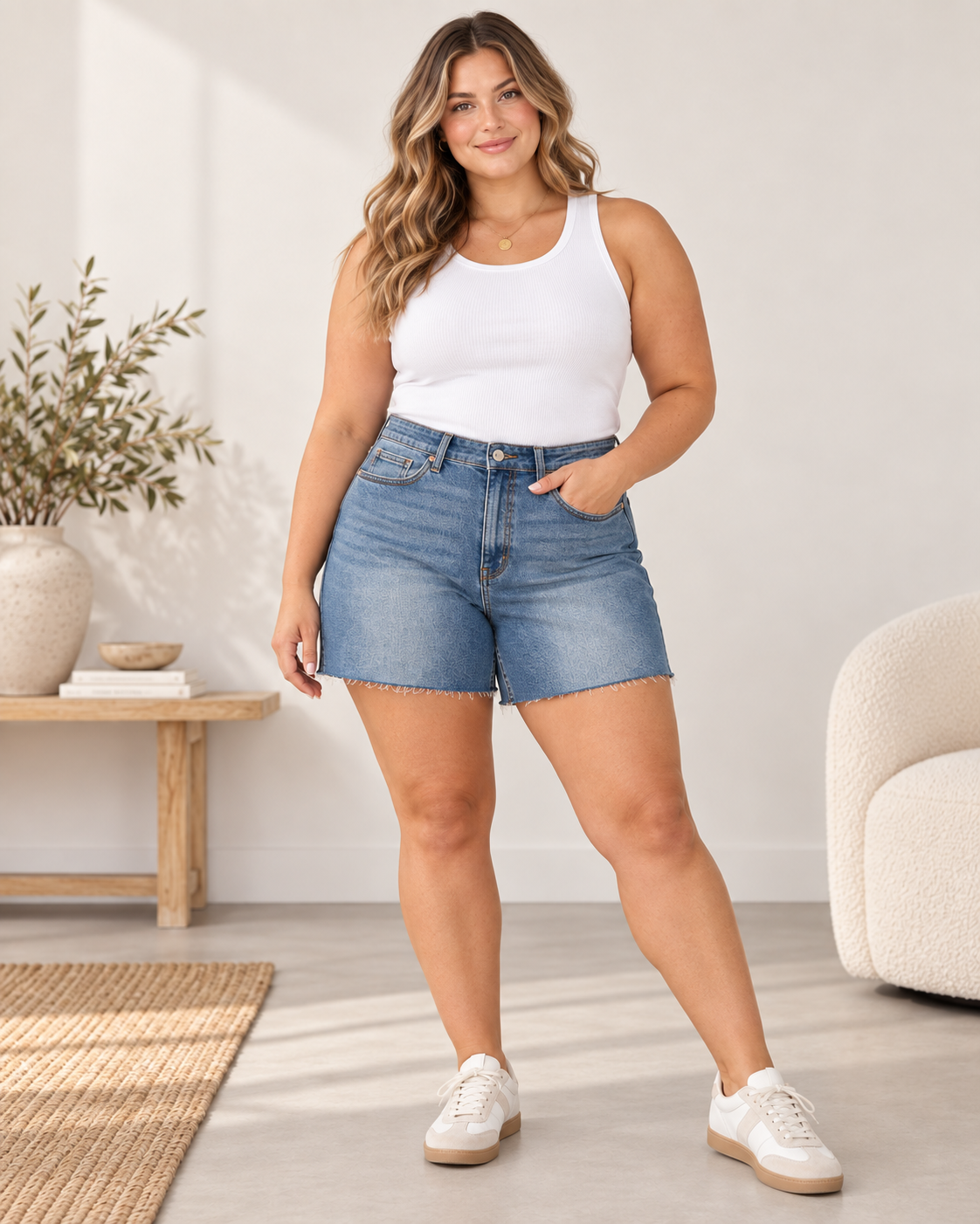 A woman modeling a pair of light-wash blue denim shorts with a raw hem, styled with a white tank top and white sneakers in a bright, modern room setting.