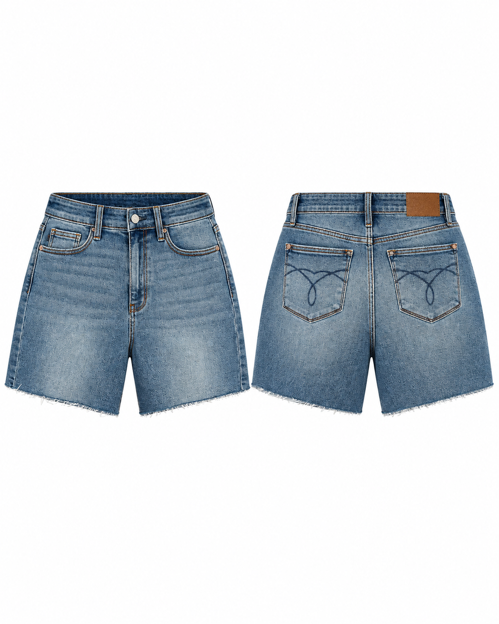 Front and back views of light-wash blue denim shorts with a frayed hem, displayed on a solid white background.