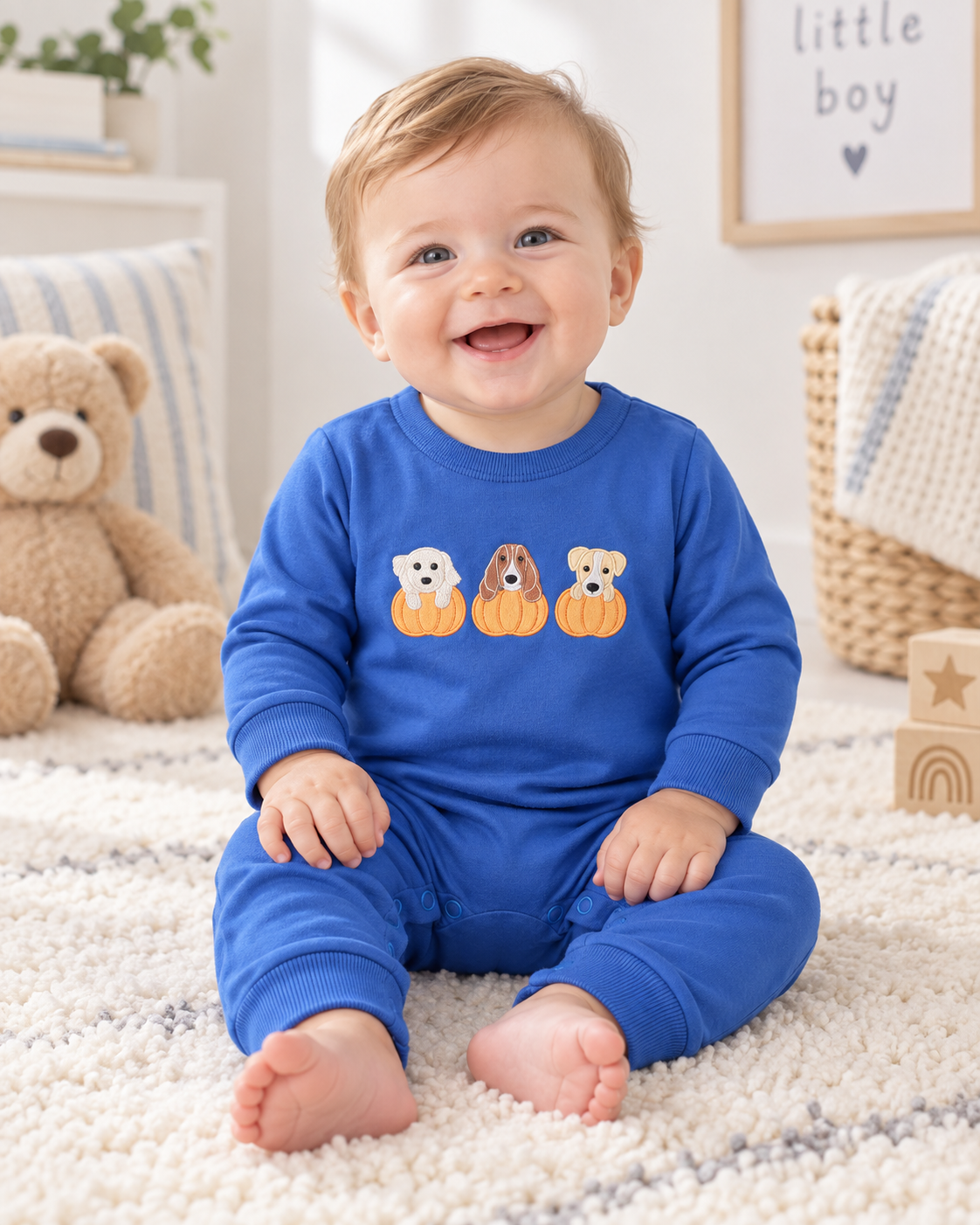Blue Puppy Pumpkin Long Sleeve Romper