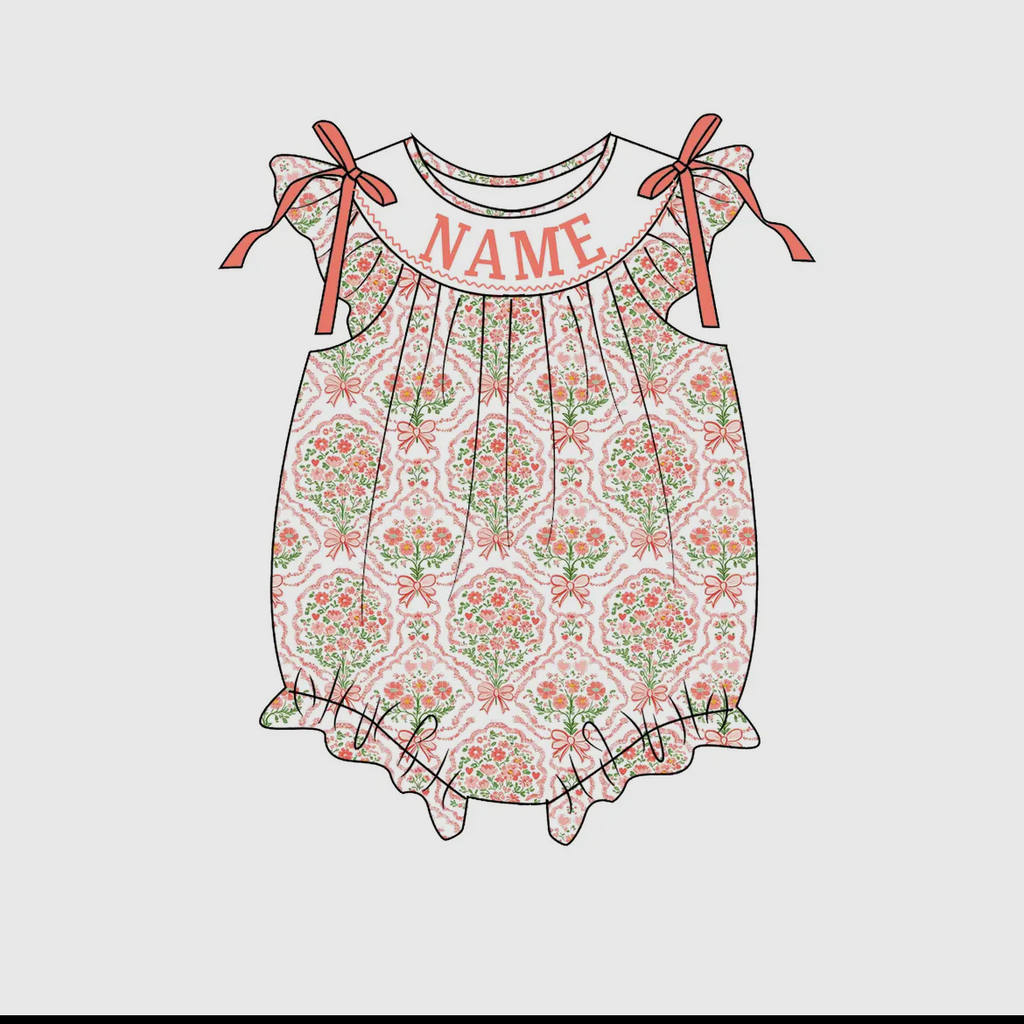 Floral baby romper with 'NAME' text on a white background