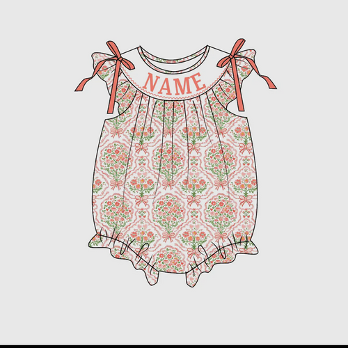 Floral baby romper with 'NAME' text on a white background