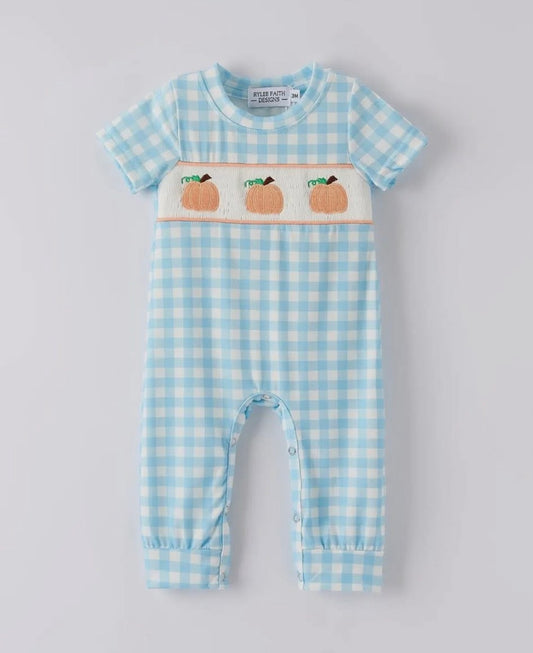 Boys Light Blue Gingham Pumpkin Romper