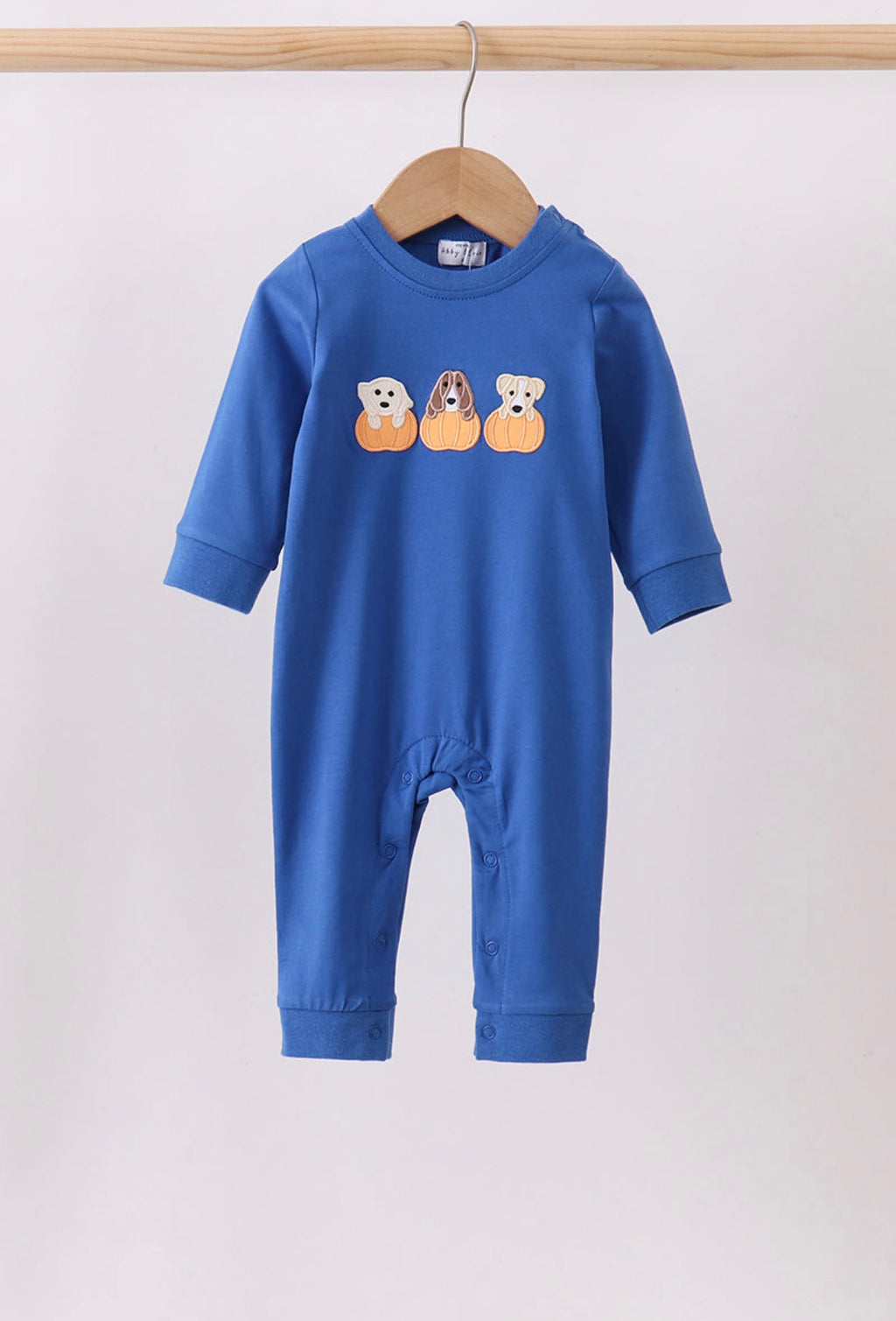 Blue Puppy Pumpkin Long Sleeve Romper