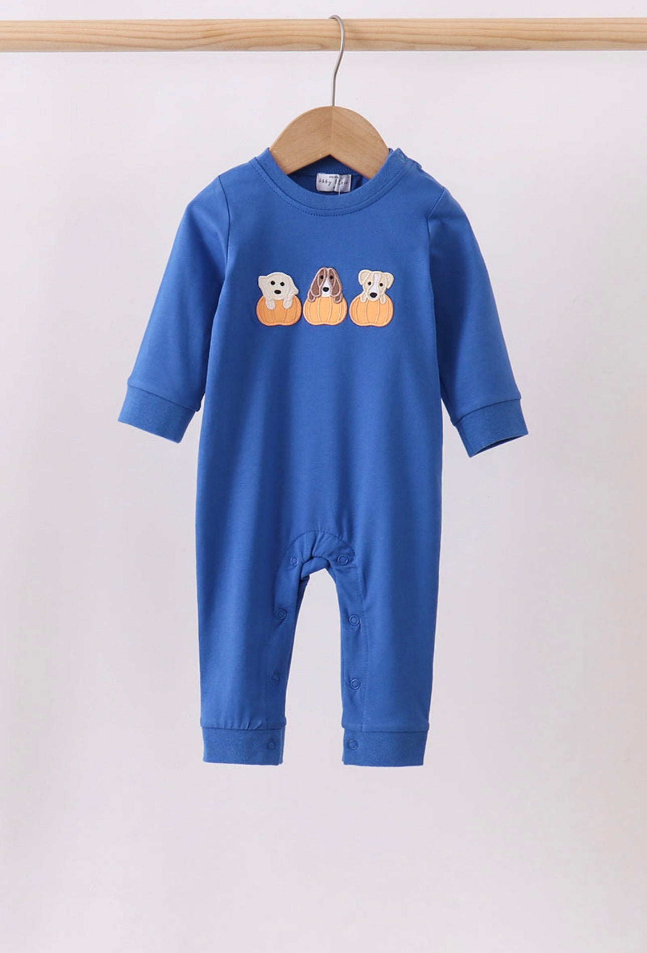 Blue Puppy Pumpkin Long Sleeve Romper