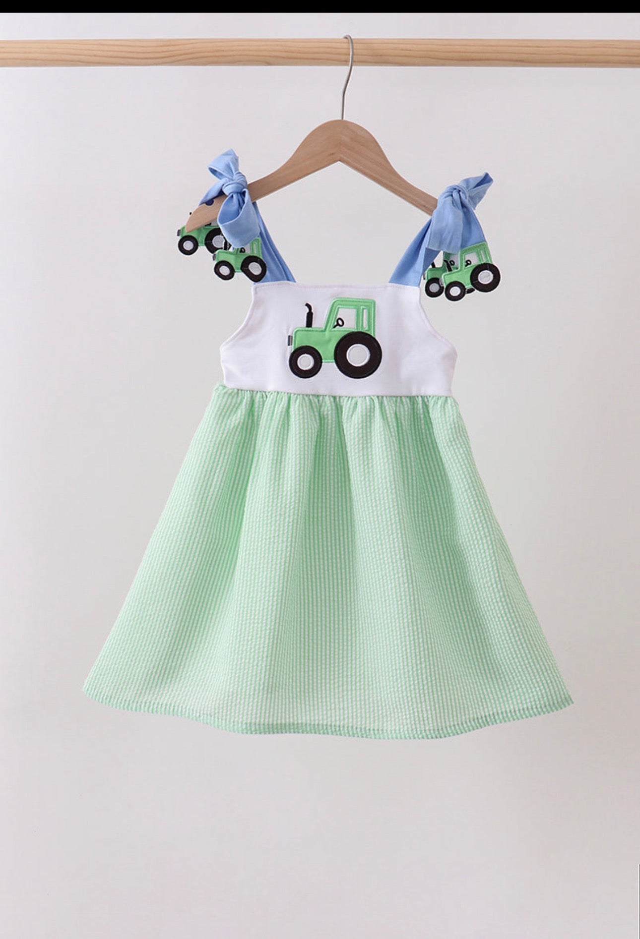 Blue Tractor Appliqué Seersucker Dress