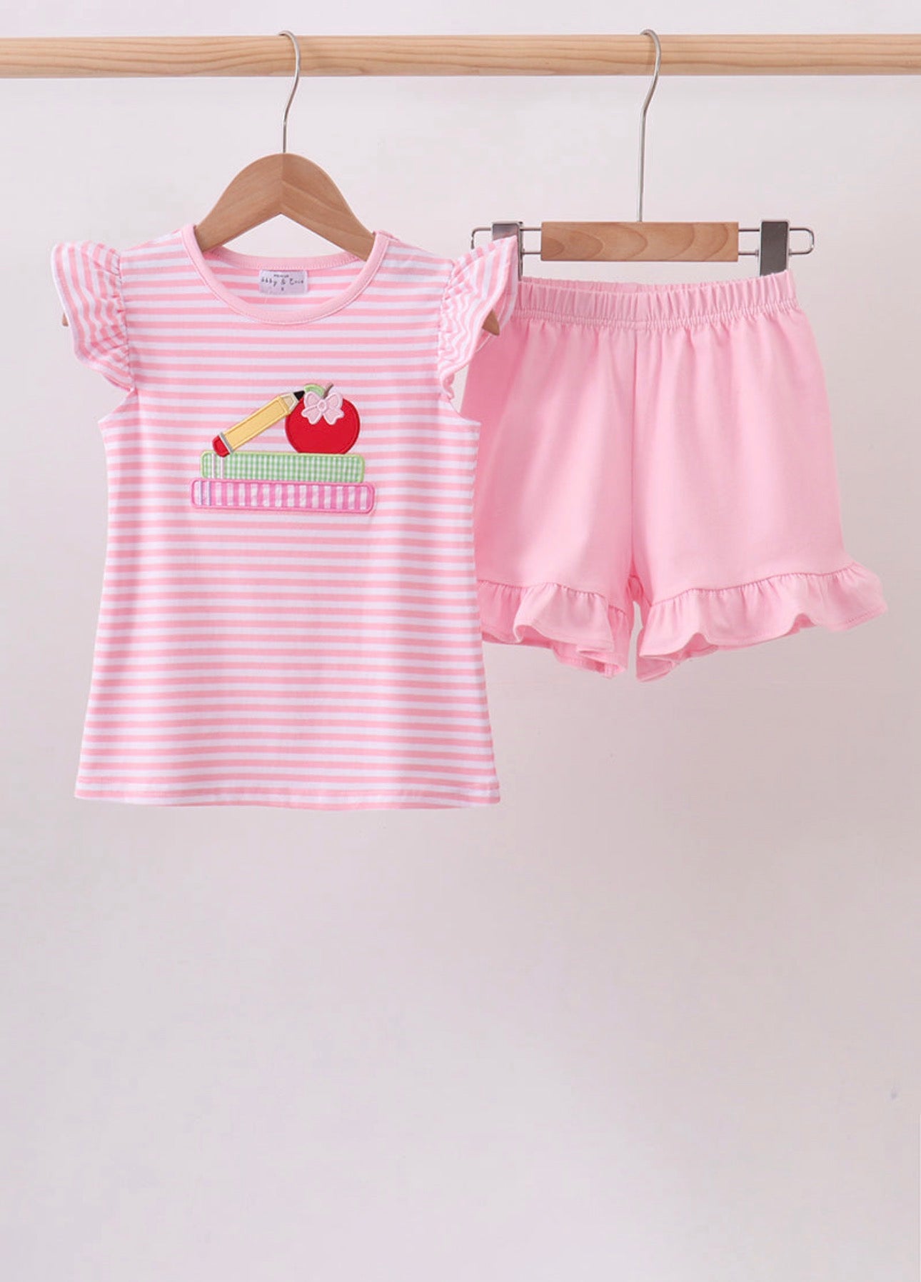 Pink Apple Pencil Embroidery Short Set