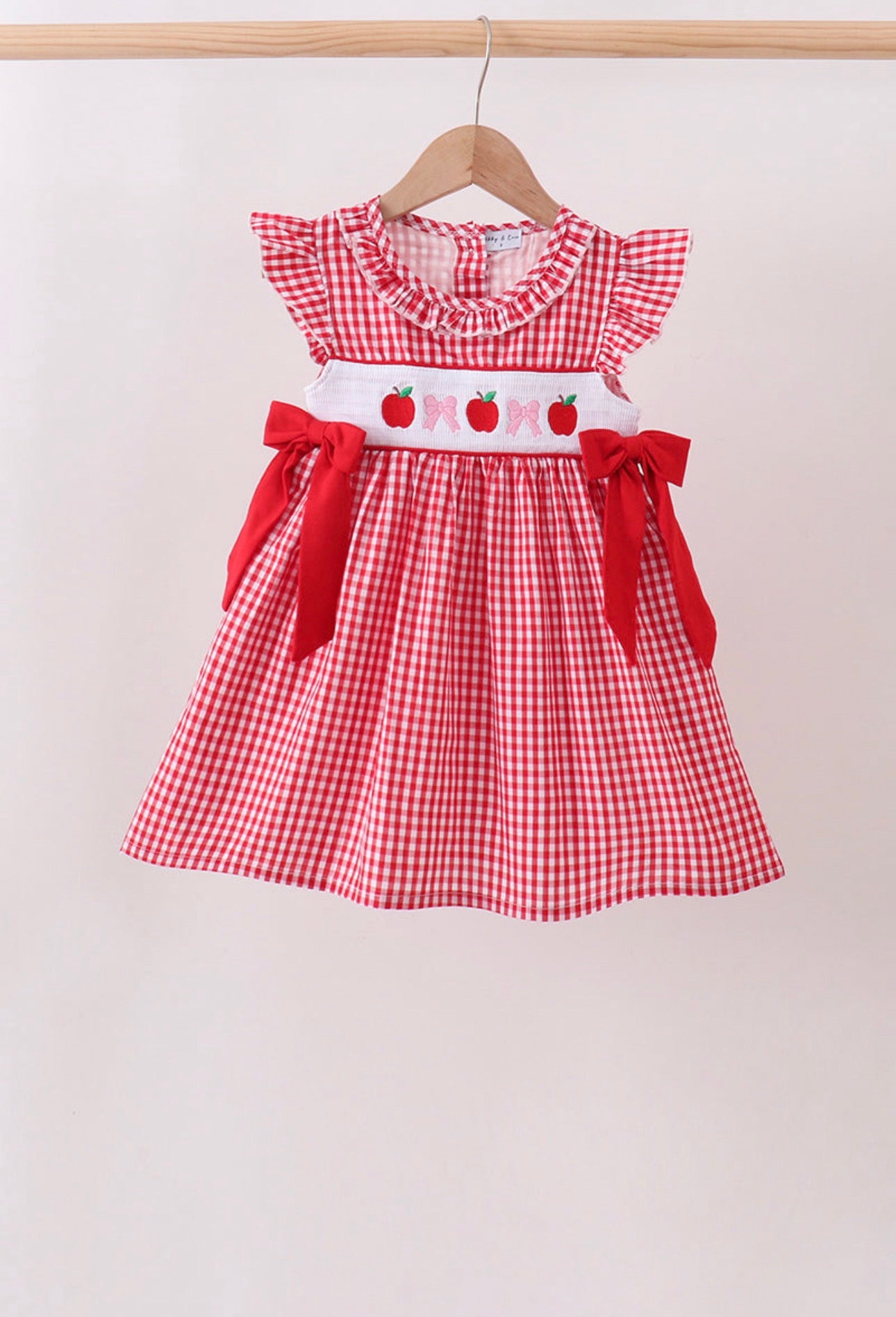 Red Apple Bow Smocked Gingham Dress
