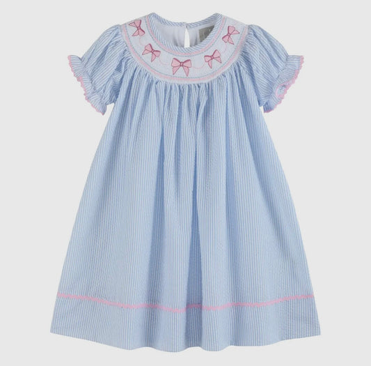 Lil Cactus Blue Seersucker Bow Smock Dress