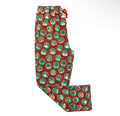Red holiday pajama pants with a repeating pattern of circular snow globes containing dogs in winter scenes, featuring a red drawstring waist.