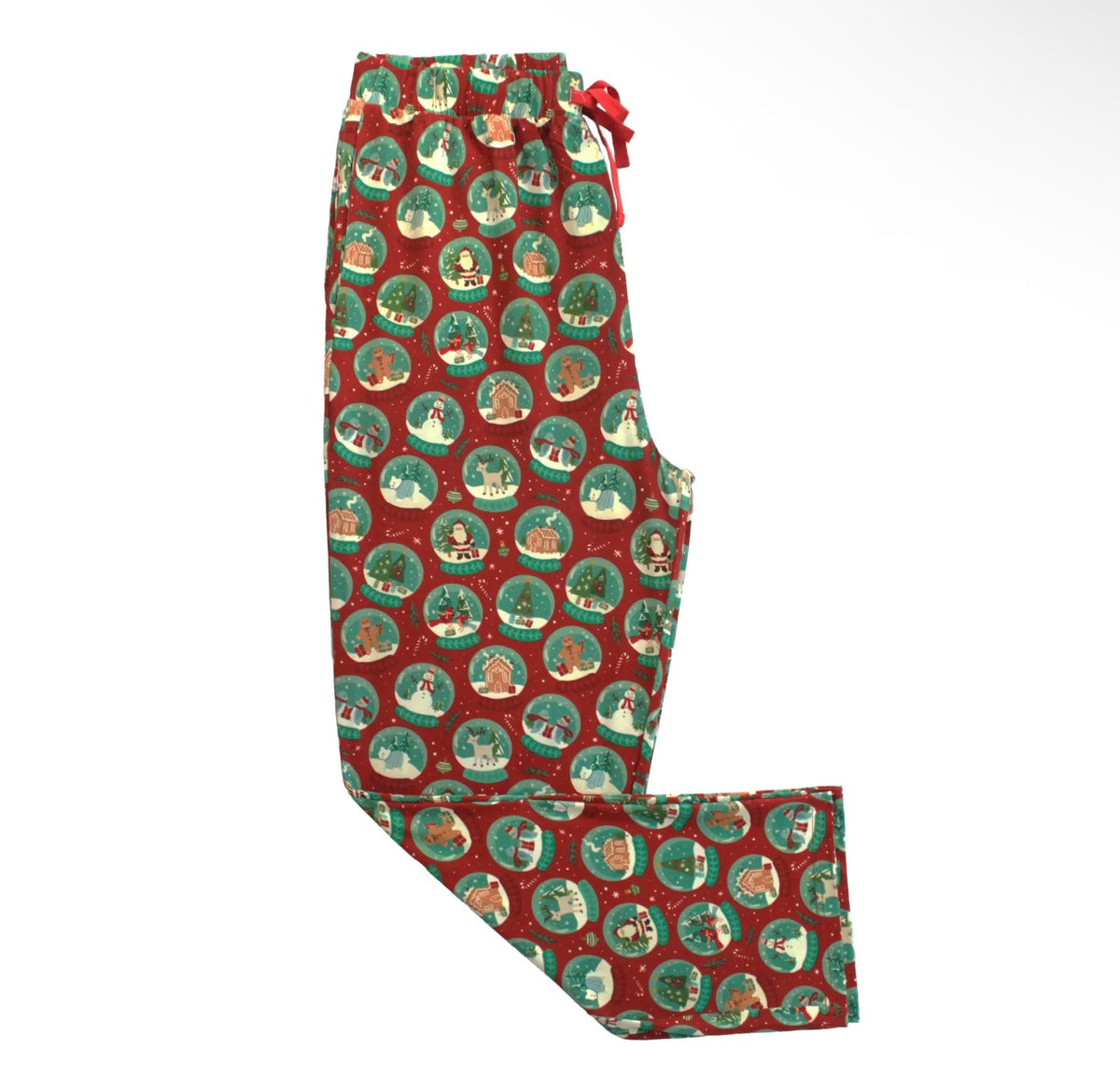 Red holiday pajama pants with a repeating pattern of circular snow globes containing dogs in winter scenes, featuring a red drawstring waist.
