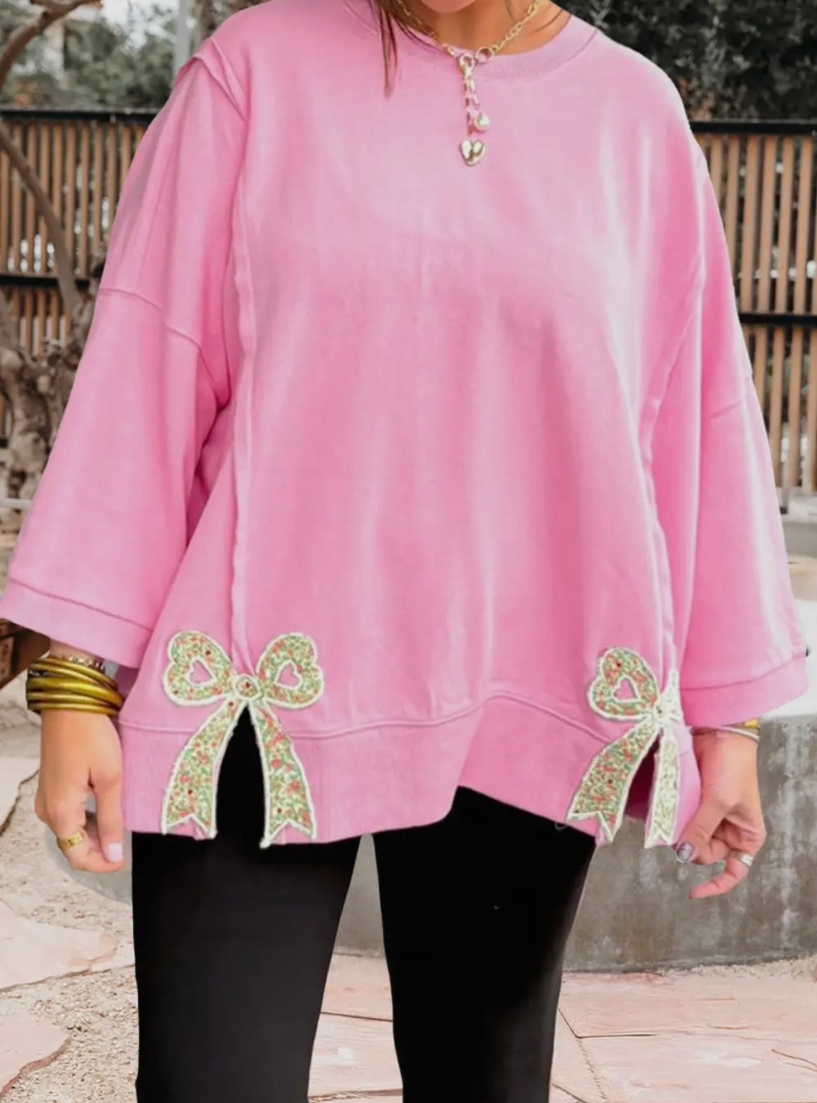 Pink Embroidered Bow Sweaters