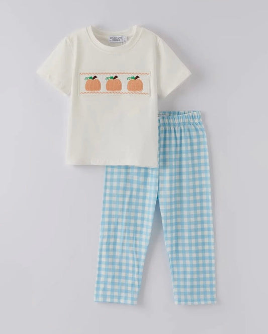 Boys Light Blue Gingham Pumpkin Pant Set