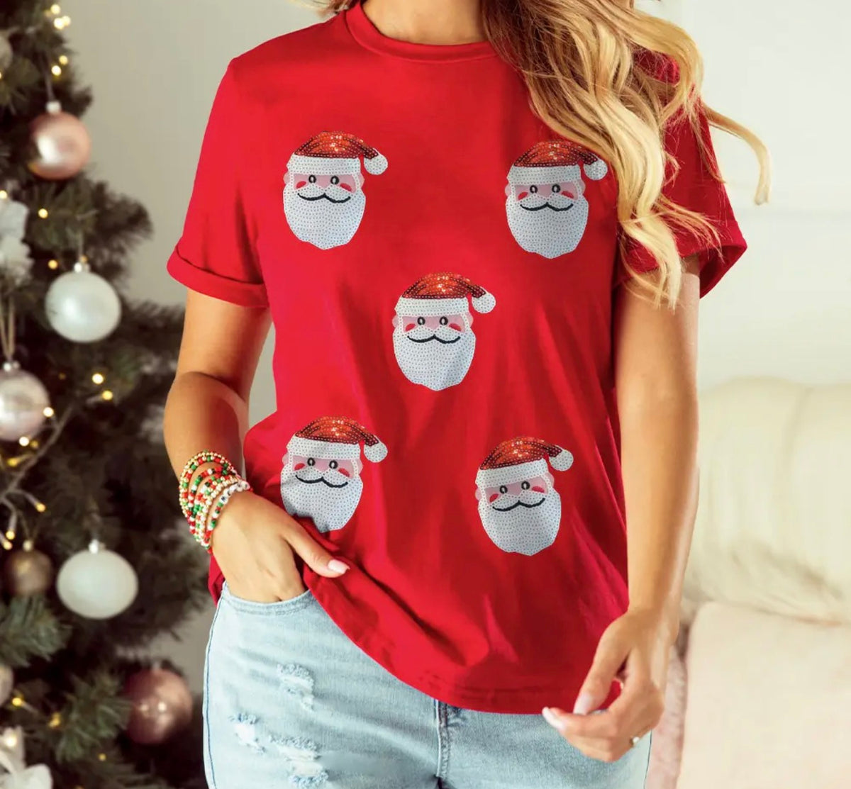 Sequin Santa Short Sleeve Tee