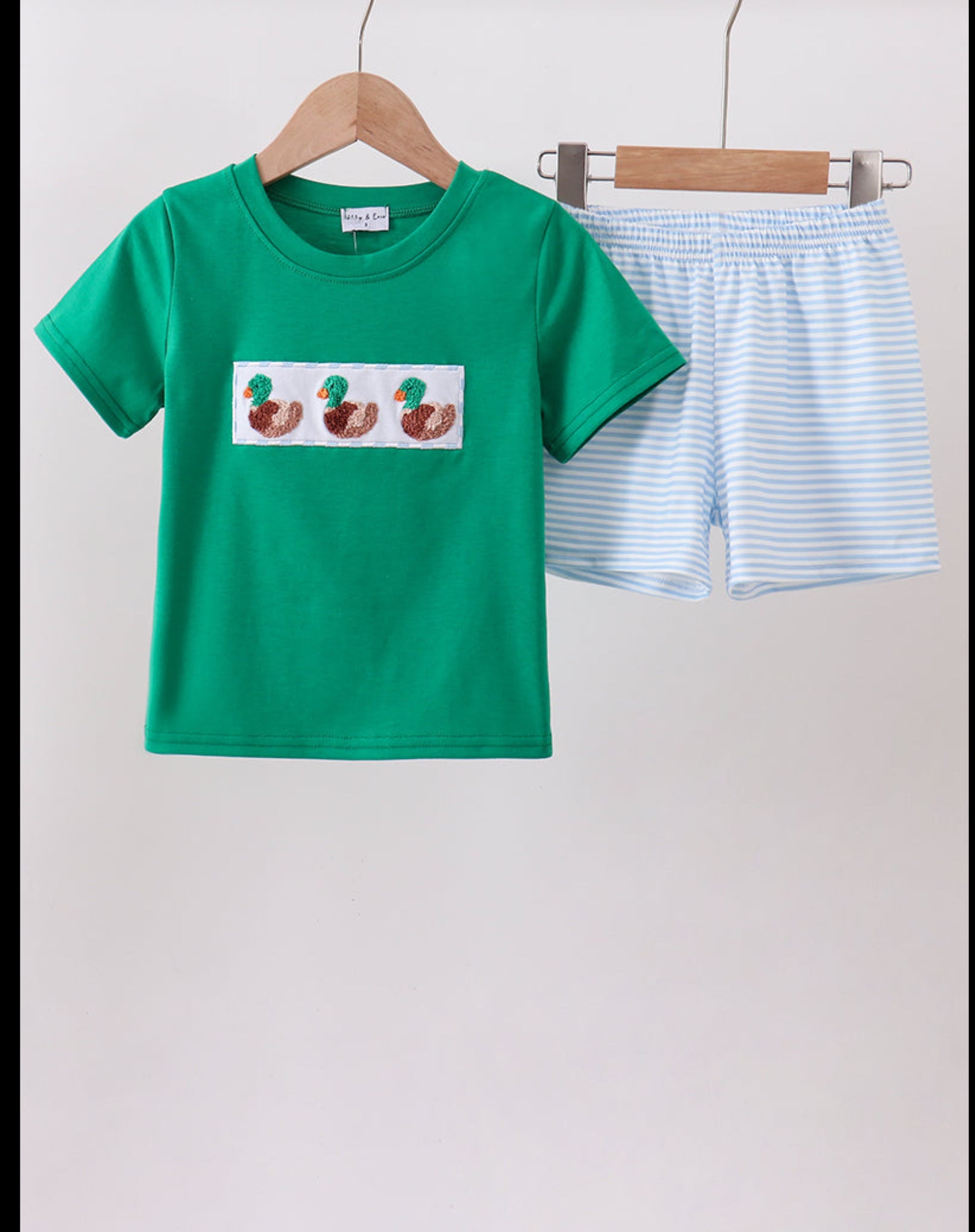 Green Duck French Knot Striped Short Set