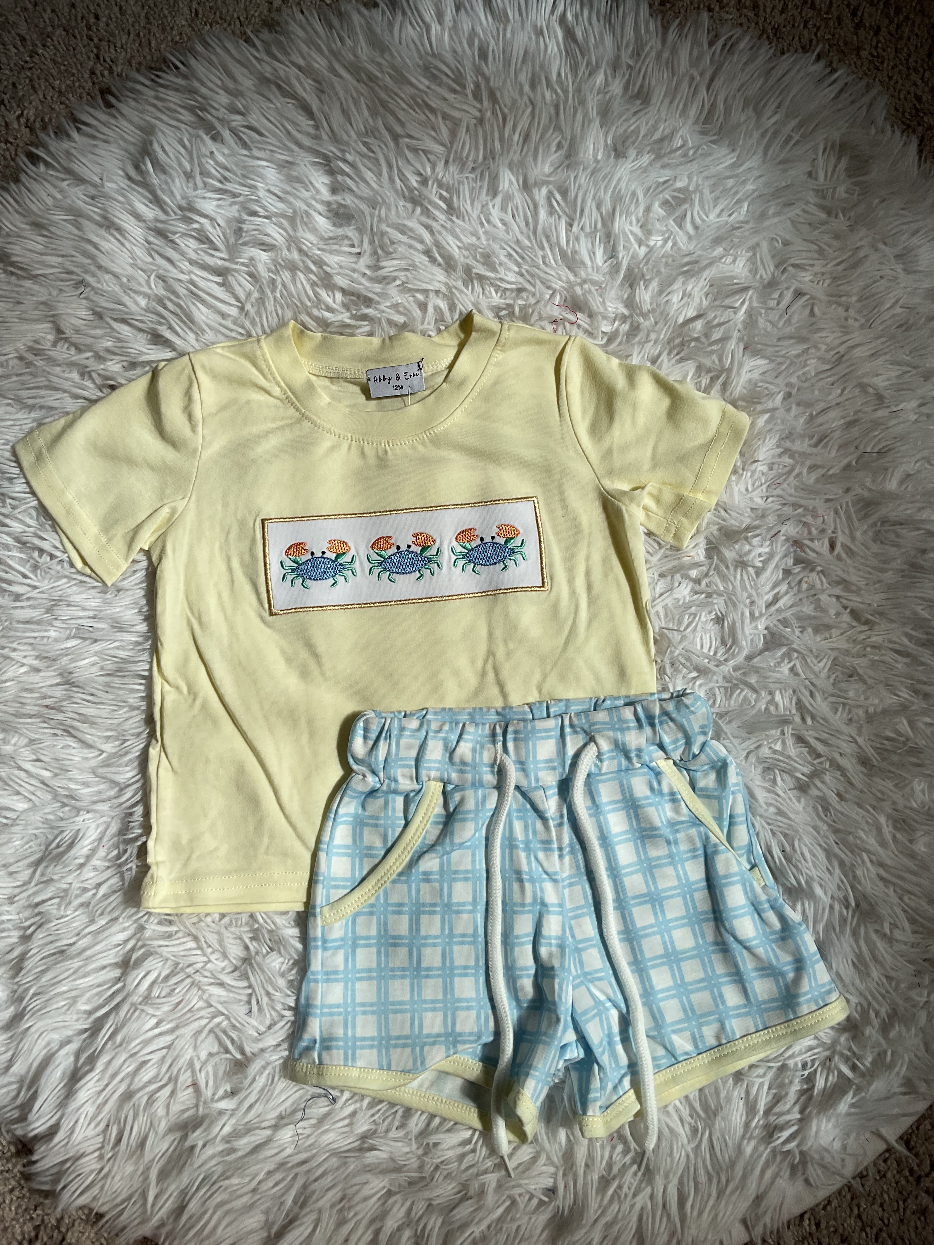 Yellow Crab Smocked Gingham Shorts Set