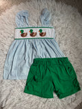 Blue Stripe Duck French Knot Ruffle Shorts Set
