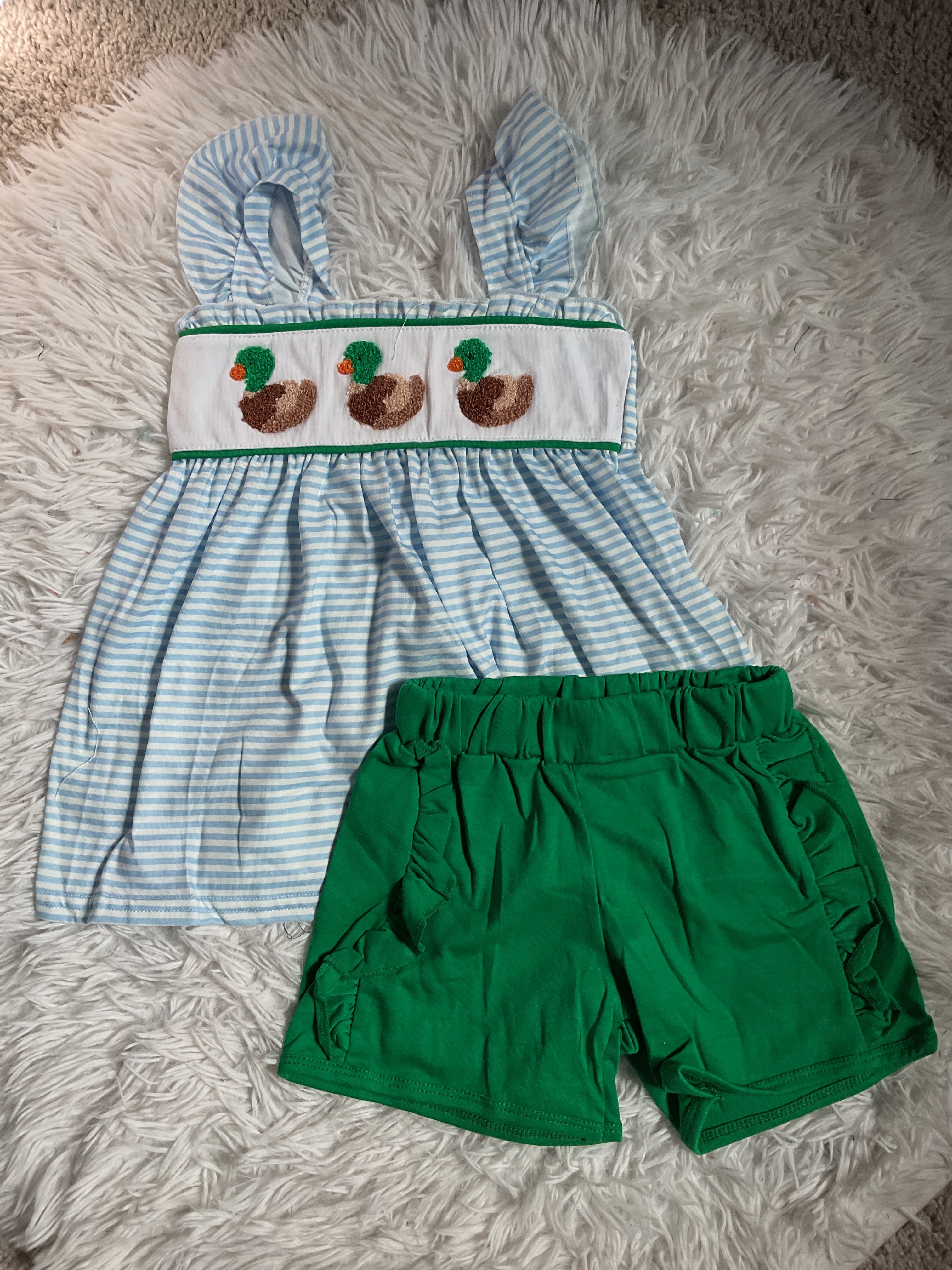 Blue Stripe Duck French Knot Ruffle Shorts Set