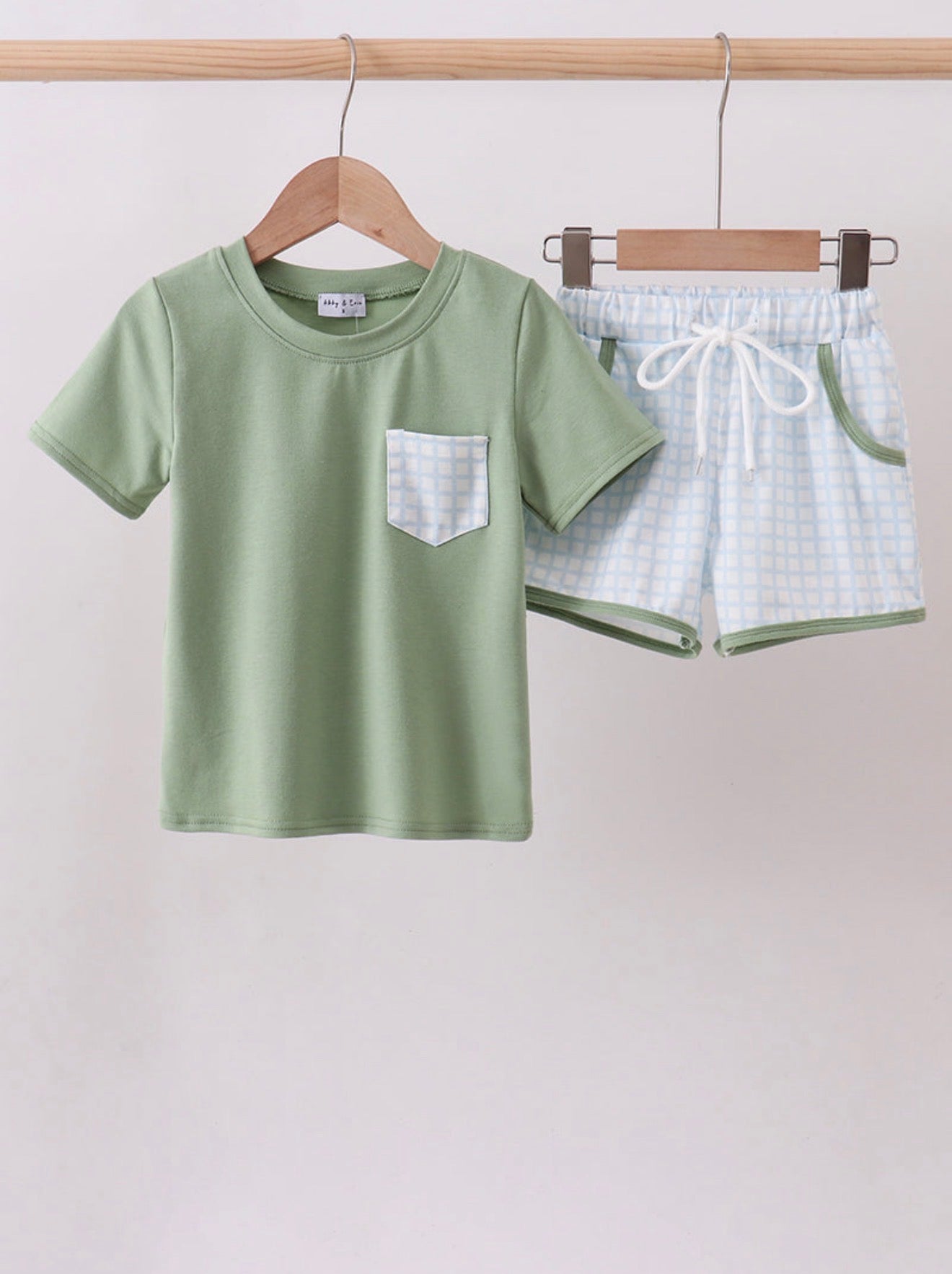 Green Pocket Plaid Shorts Set