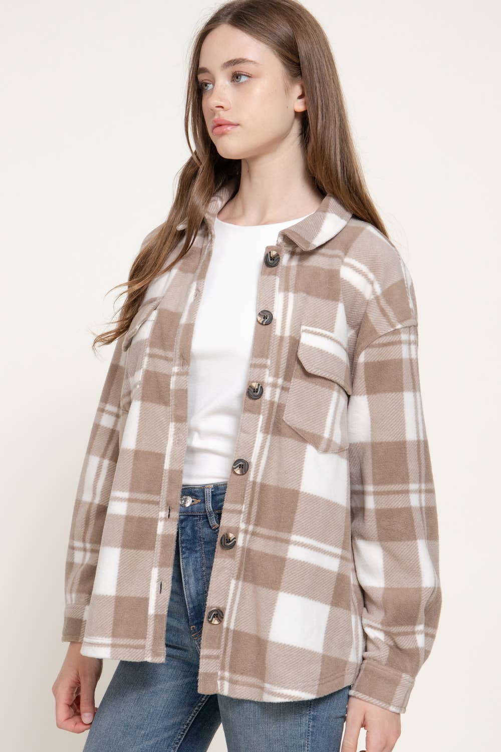 Long Sleeve Check Printed Fleece Shacket