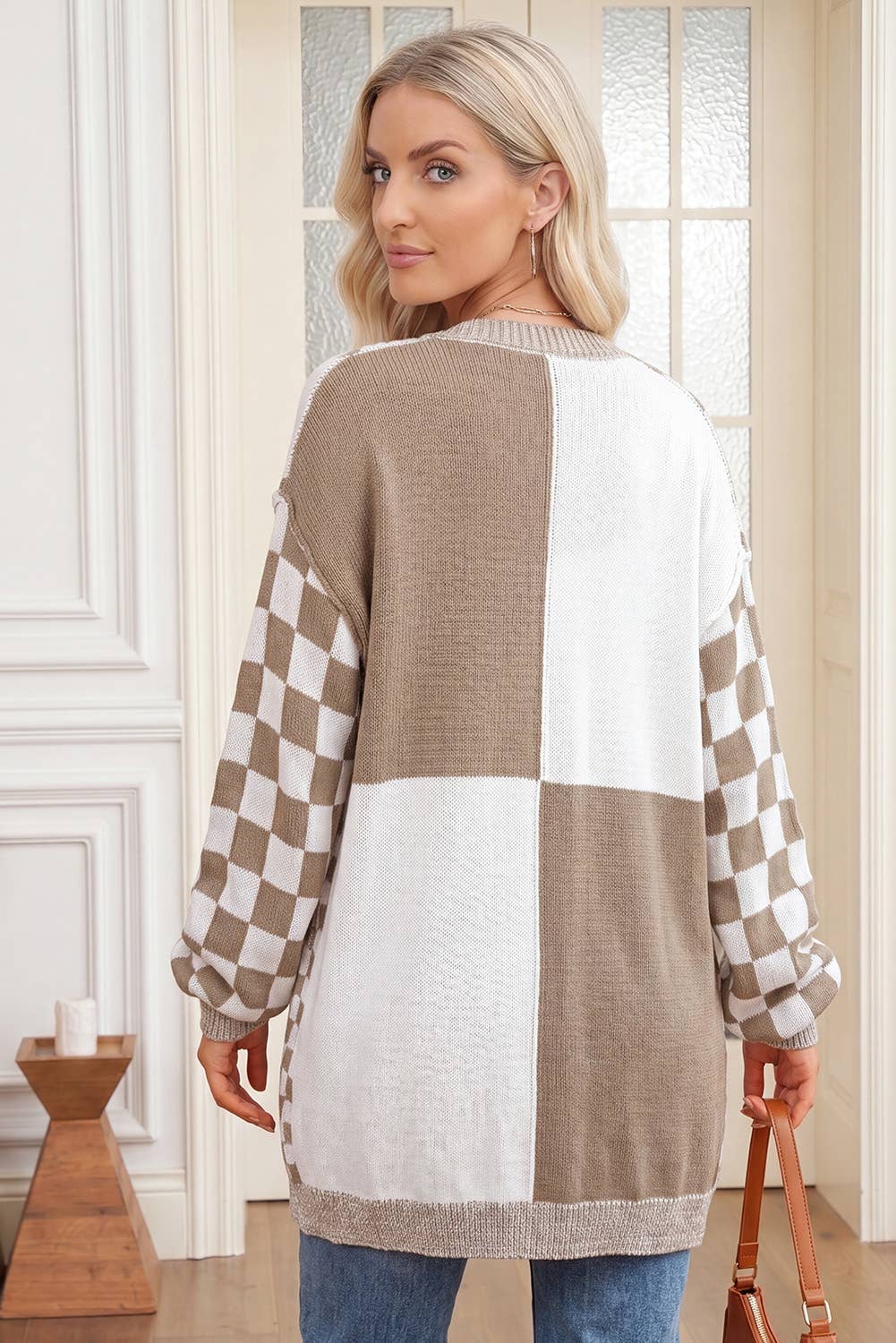 Checkered Open Front Drop Shoulder Cardigan (S-4X)
