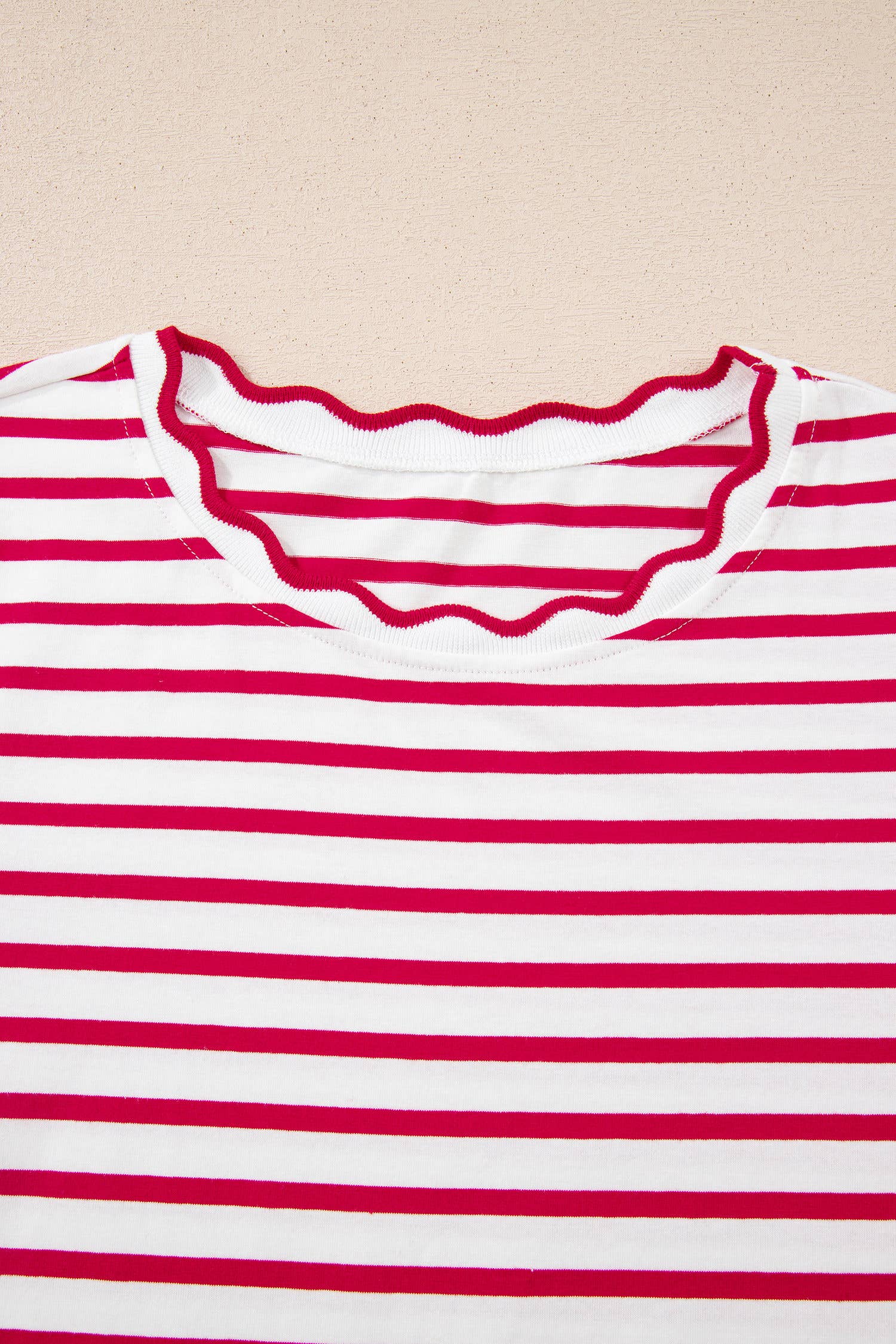 Stripe Scalloped Trim Round Neck T Shirt