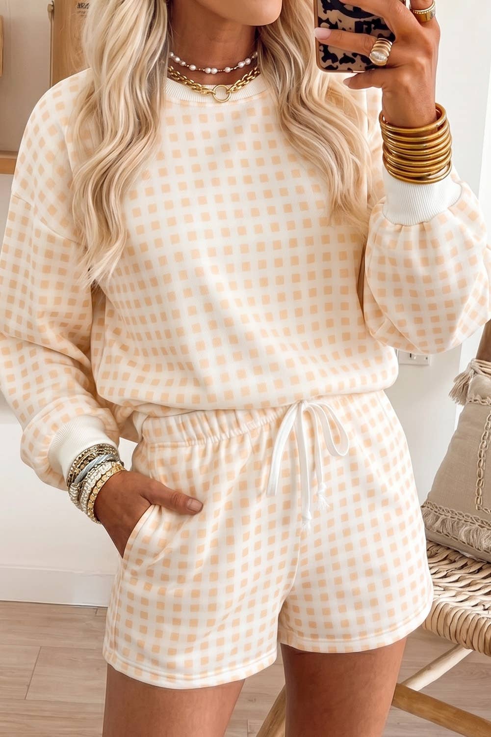 Plaid Puff Sleeve Top Tie Waist 2pcs Shorts Set (S-XL)