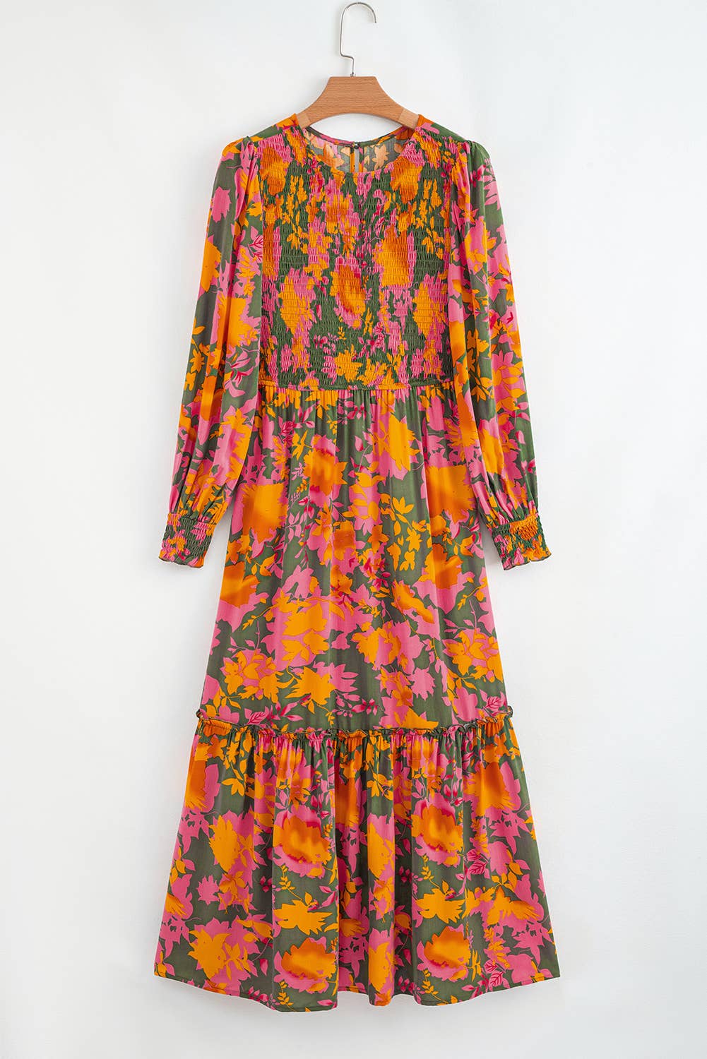 Floral Puff Sleeve Smocked Bodice Ruffled Long Dress (S-XL)