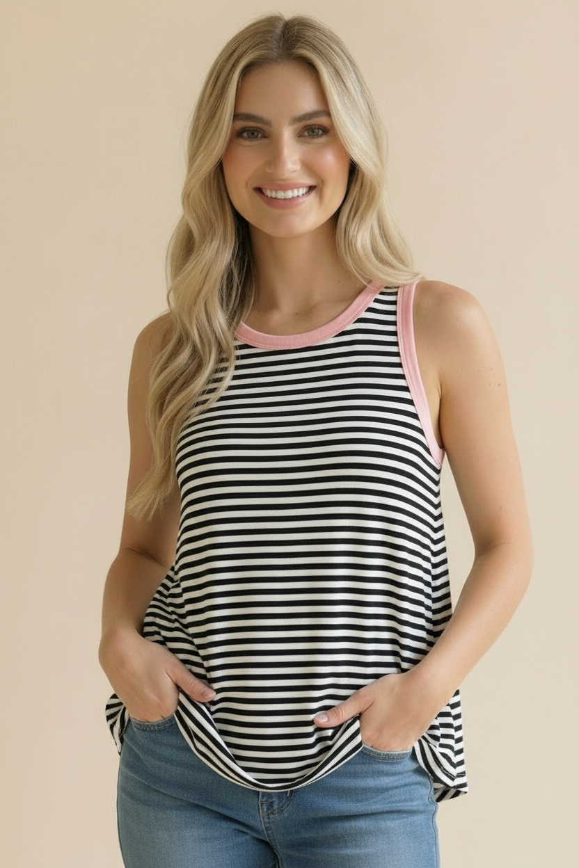 Round Neck Color Block Multi Stripe Tank