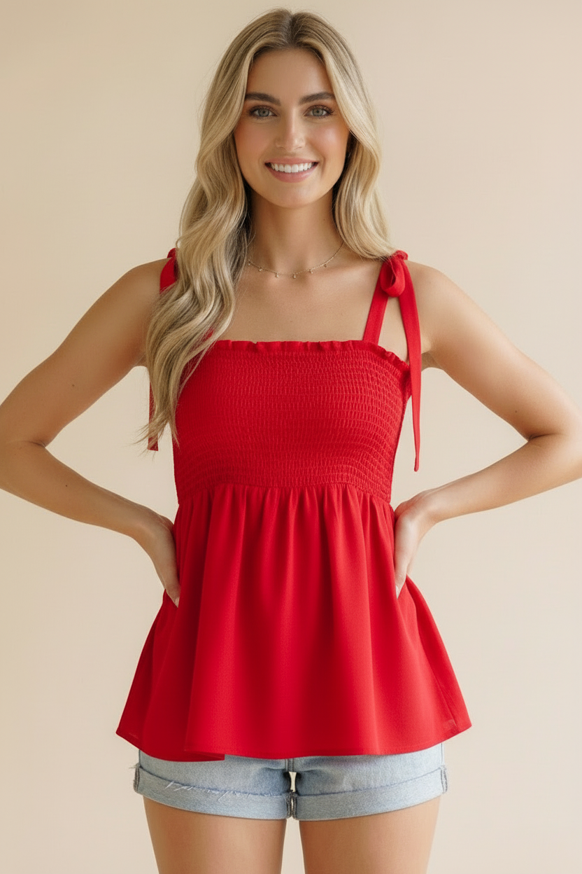Square Neck Smocked Tie Shoulder Babydoll