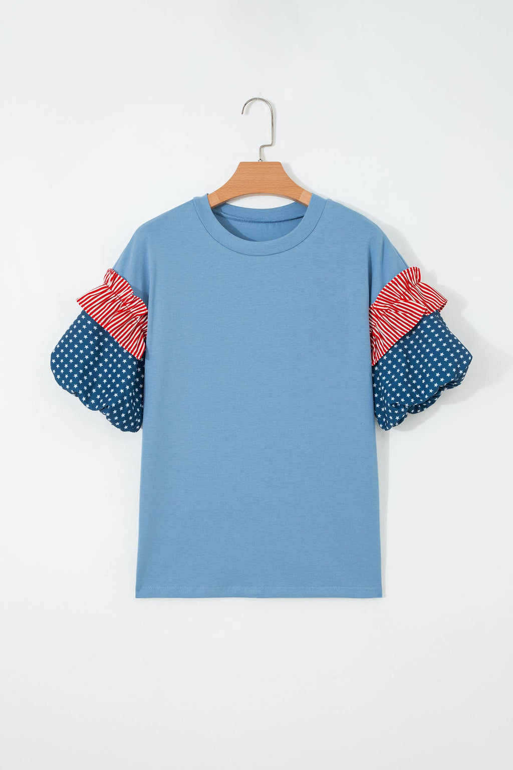 66 Plus Size Stars Stripes Short Puff Sleeve Top (S-4X)