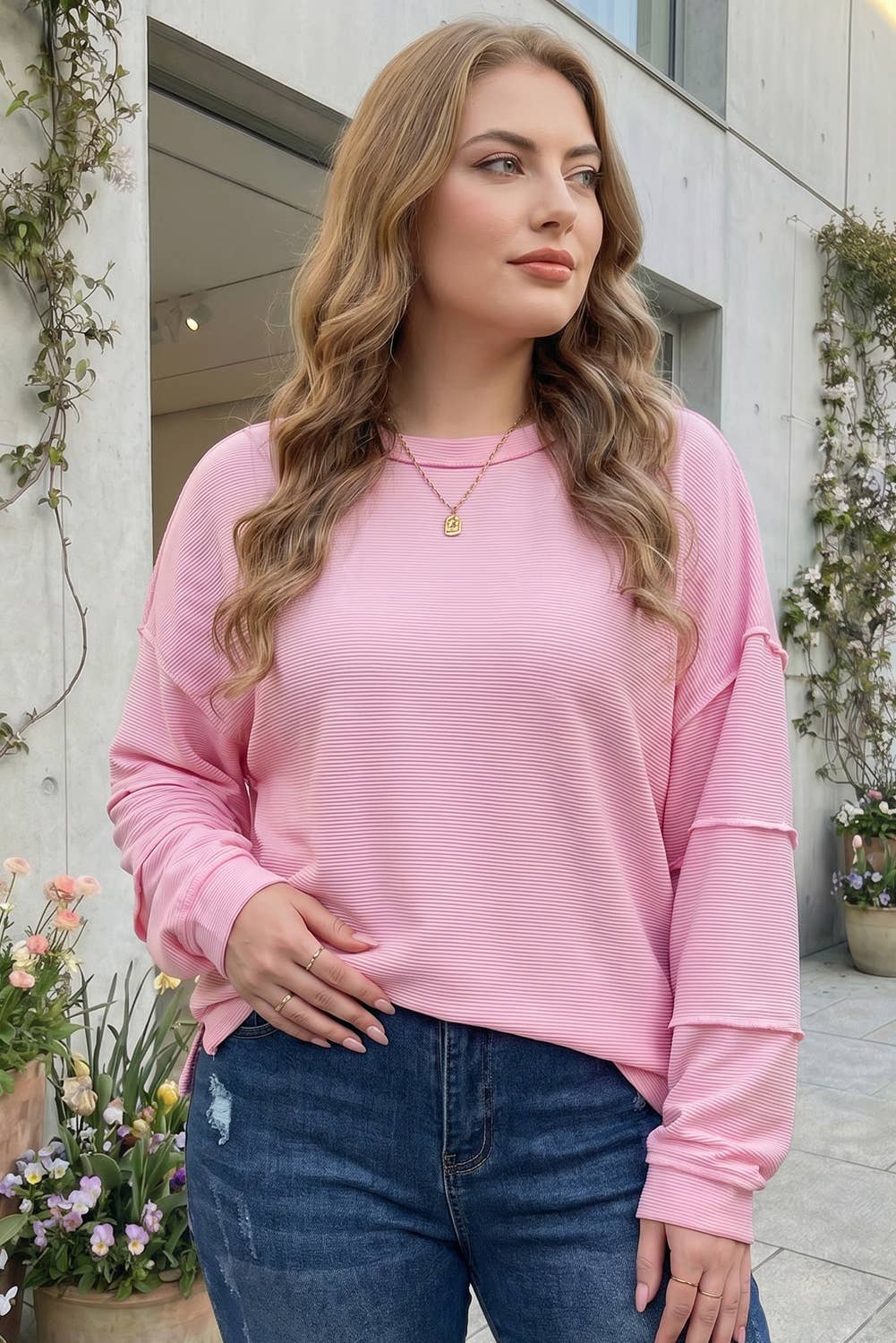 Solid Drop Shoulder Long Sleeve Plus Size Ribbed Top (1X-4X)