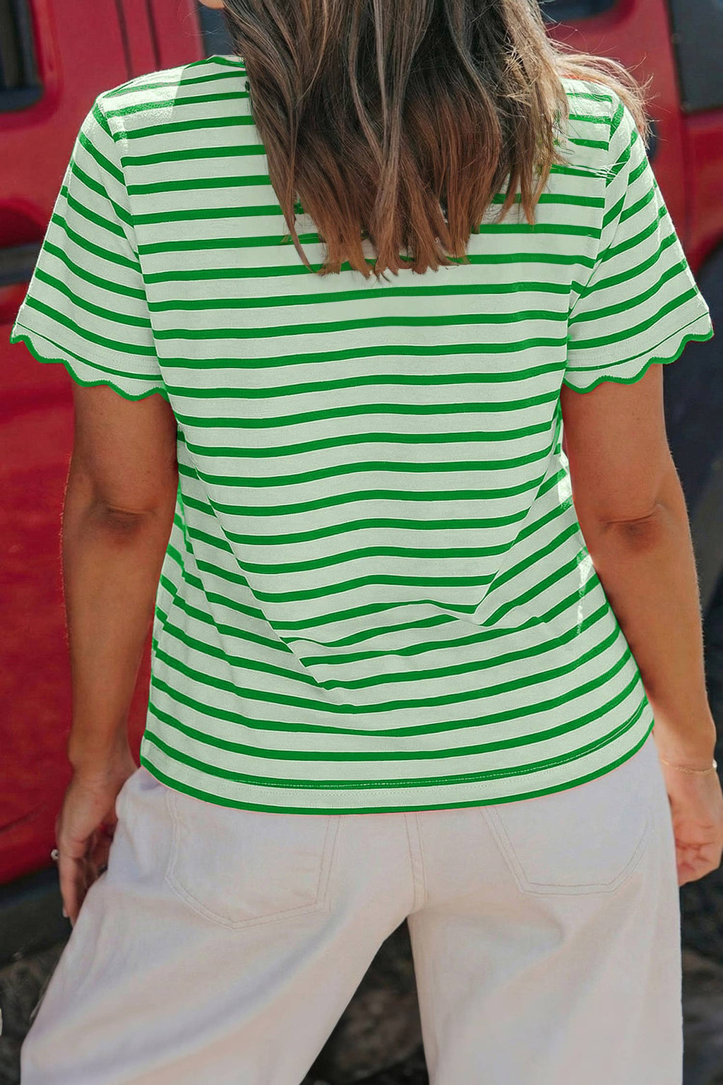 Stripe Scalloped Trim Round Neck T Shirt
