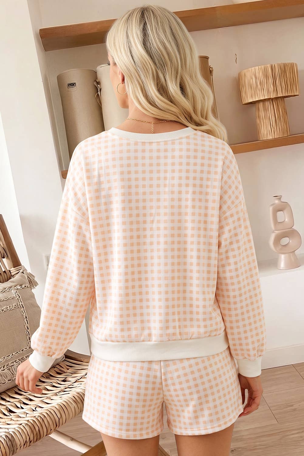 Plaid Puff Sleeve Top Tie Waist 2pcs Shorts Set (S-XL)