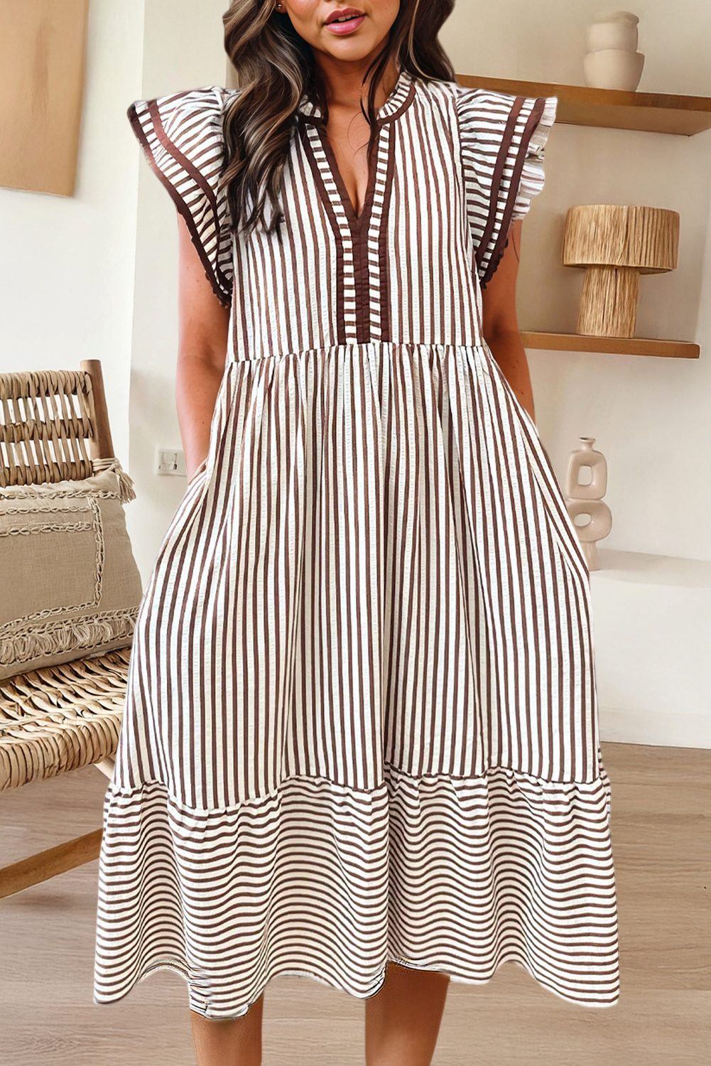 Stripe Double Ruffled Short Sleeve V Neck Midi Dress (S-XL)
