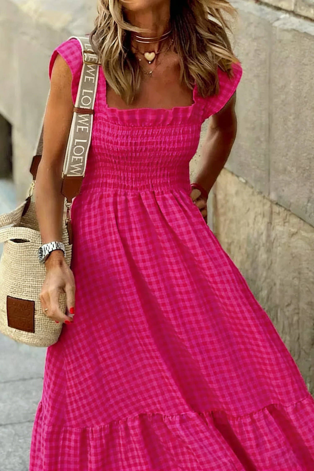 Plaid Square Neck Fit-and-flared Vacation Sundress (S-XL)