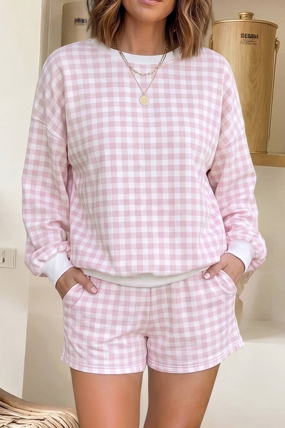 Plaid Puff Sleeve Top Tie Waist 2pcs Shorts Set (S-XL)