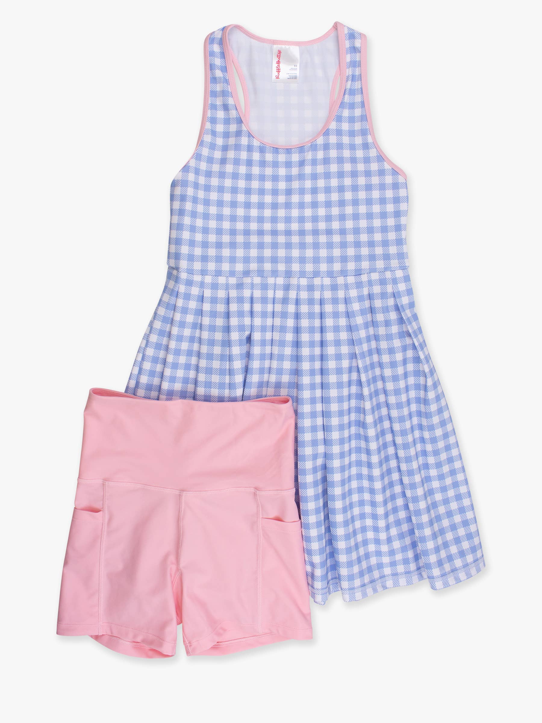 Women's Periwinkle Blue Gingham Pleated Skirt Active Dress & Bike Short Set