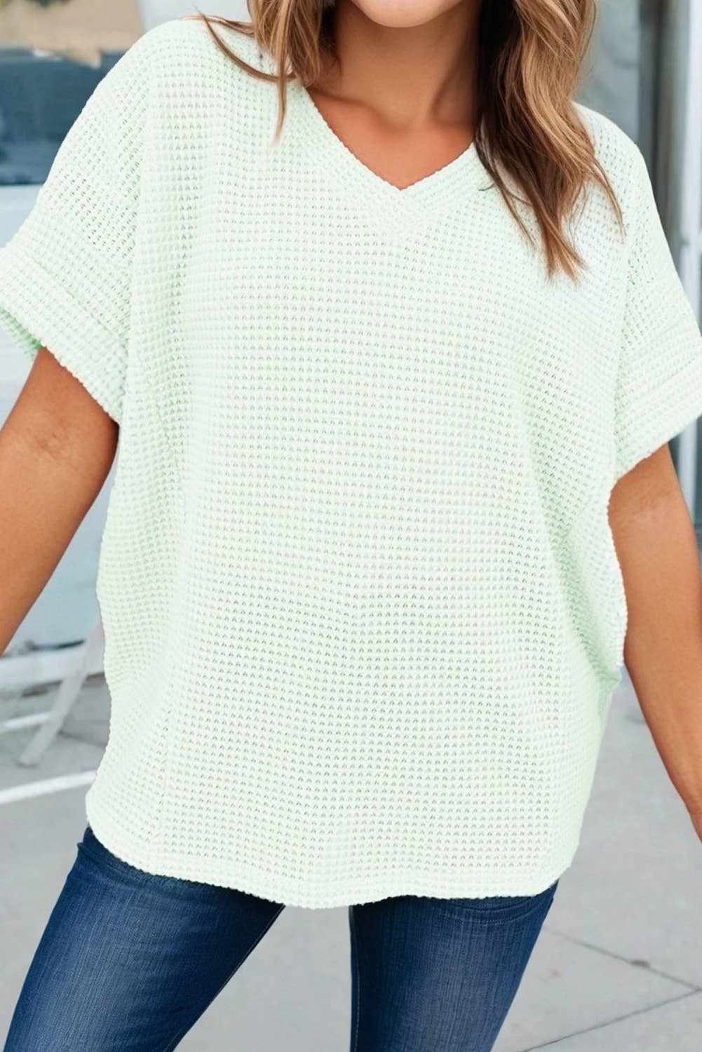 Plus Size Waffle V Neck Short Sleeve Knit Top (S-4X)
