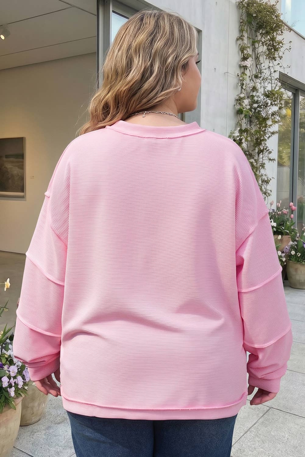 Solid Drop Shoulder Long Sleeve Plus Size Ribbed Top (1X-4X)