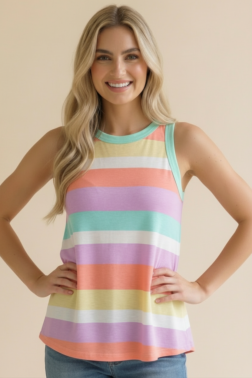 Round Neck Color Block Multi Stripe Tank