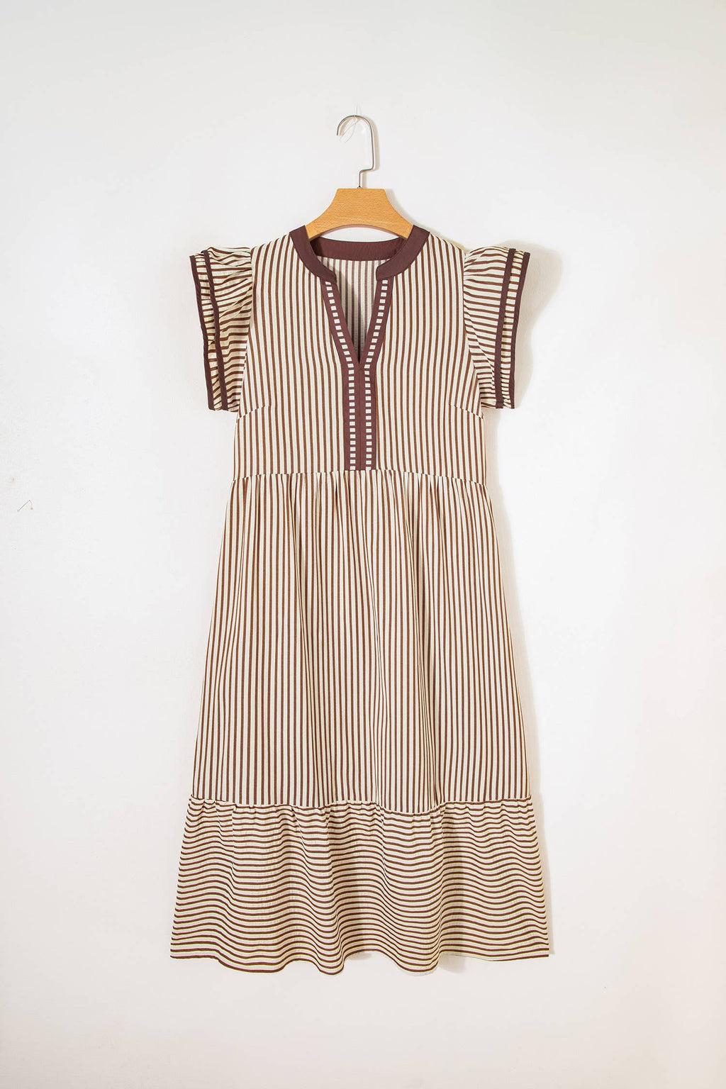 Stripe Double Ruffled Short Sleeve V Neck Midi Dress (S-XL)