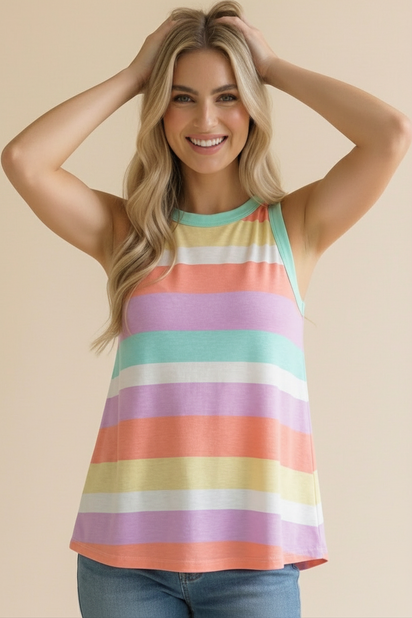 Round Neck Color Block Multi Stripe Tank