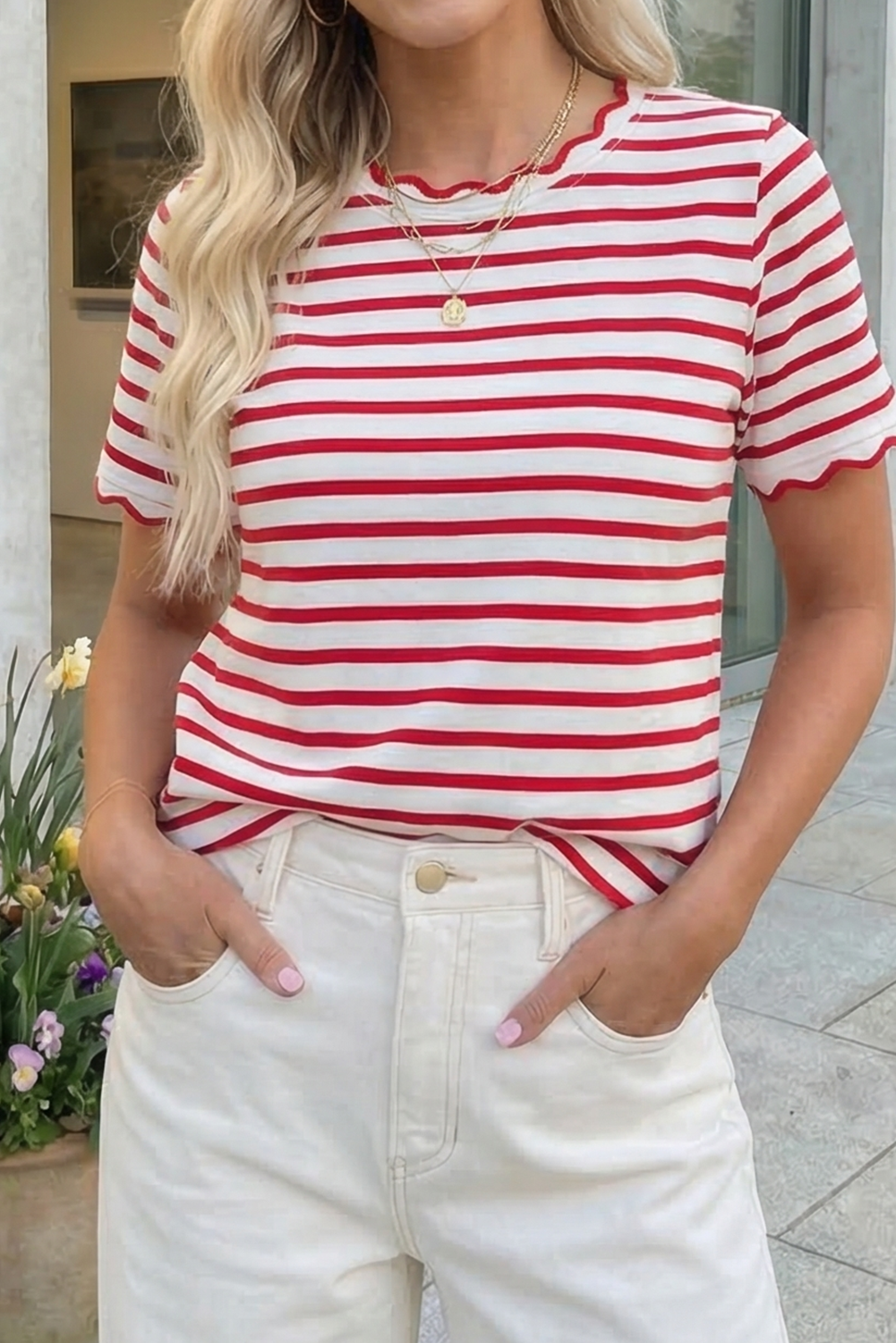 Stripe Scalloped Trim Round Neck T Shirt