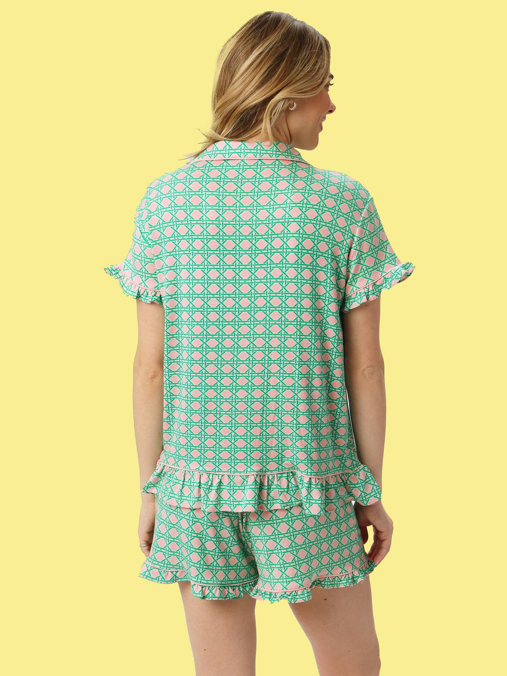 SoftSnooze™ Women's Bamboo Viscose Pink Coastal Cane Short Sleeve Bow Ruffle Pajama Set