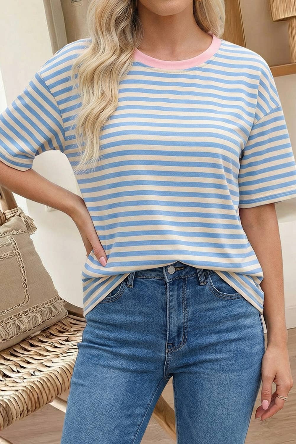 Stripe Contrast Crew Neck Drop Shoulder Loose Tee (S-4X)