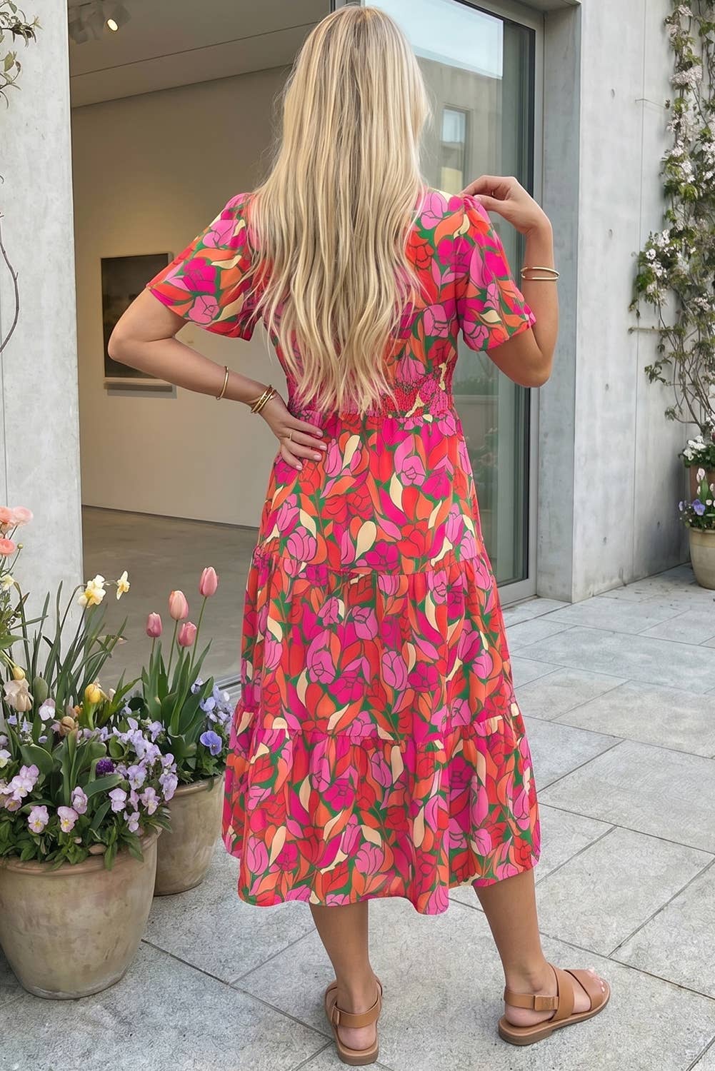Floral Short Sleeve Smocked Waist Maxi Dress (S-XL)