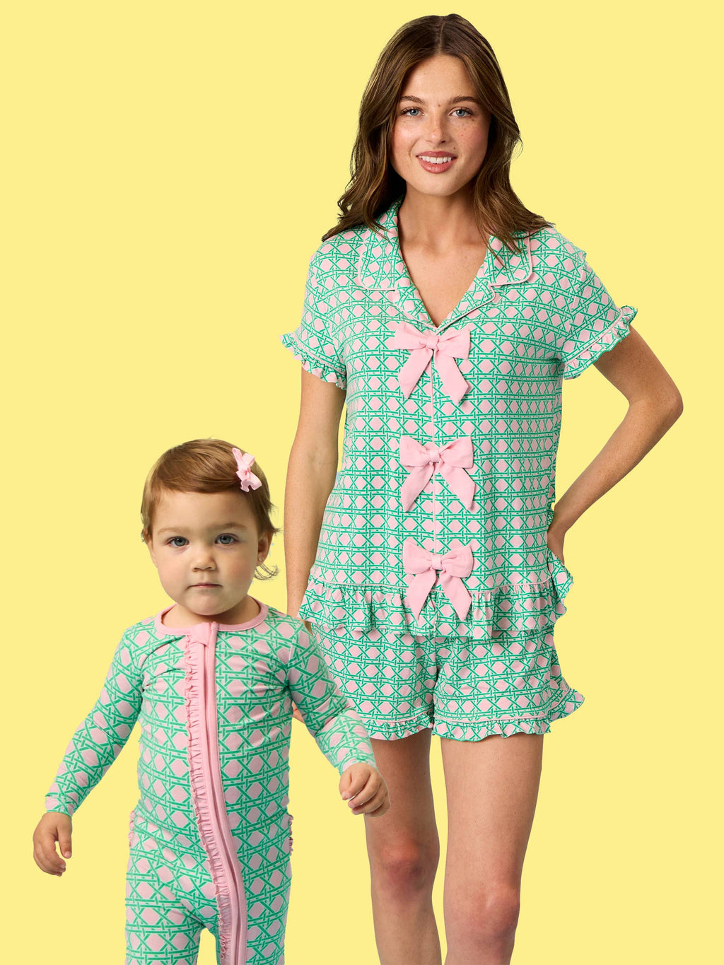 SoftSnooze™ Women's Bamboo Viscose Pink Coastal Cane Short Sleeve Bow Ruffle Pajama Set