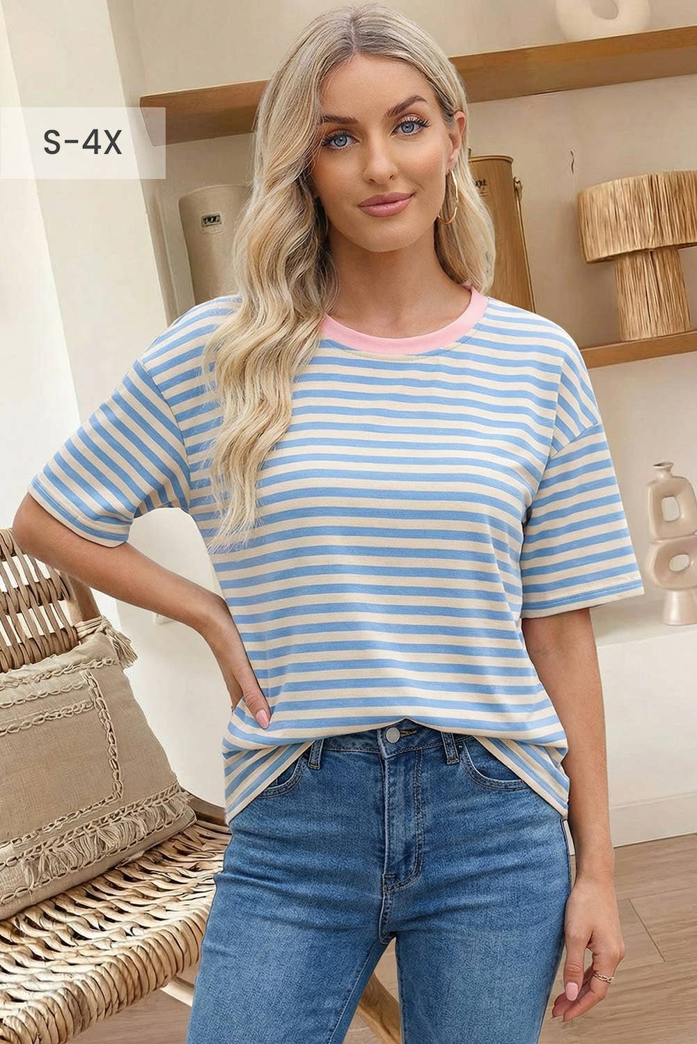 Stripe Contrast Crew Neck Drop Shoulder Loose Tee (S-4X)