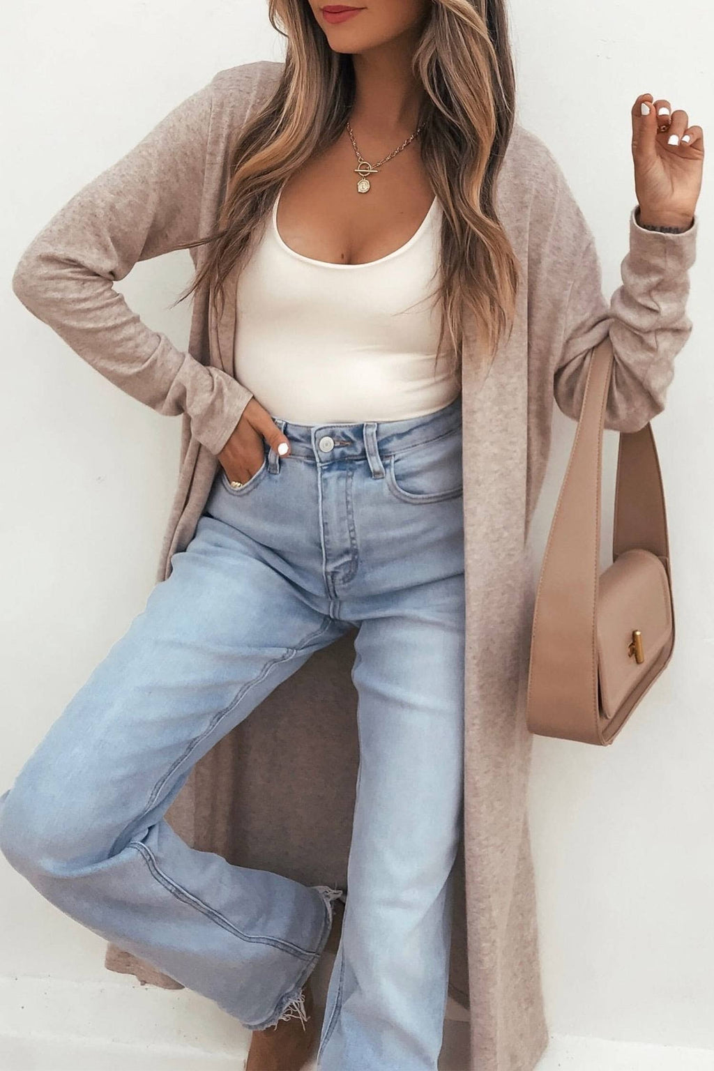 Solid Long Sleeve Open Front Duster Cardigan (S-XL)